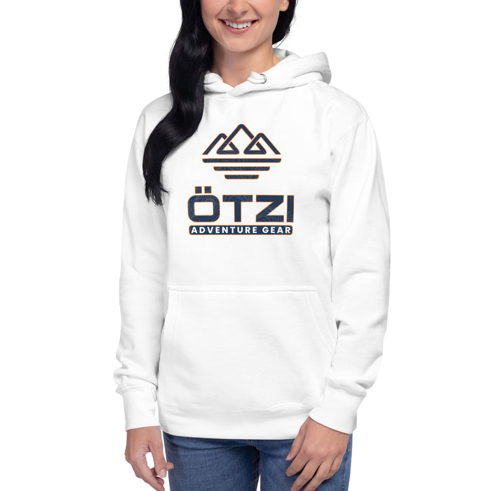 Woman wearing a white Ötzi Adventure Gear hoodie with front pocket and mountain logo.