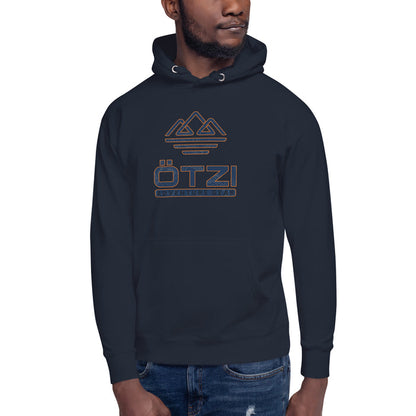 Man wearing a navy hooded sweatshirt with mountain graphic and Ötzi Adventure Gear text.