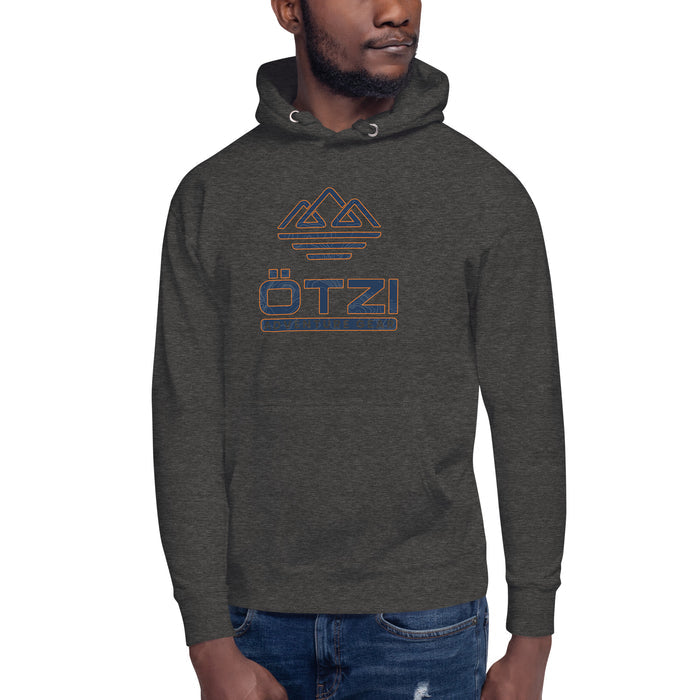 Man wearing dark gray Ötzi hoodie with mountain graphic and text design on front