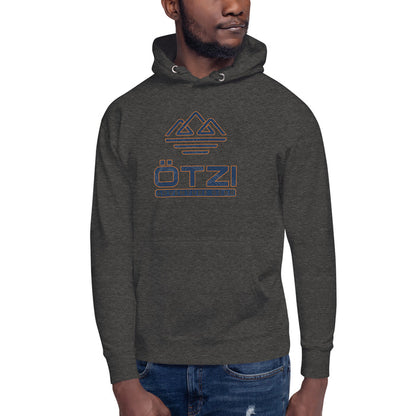 Man wearing dark gray Ötzi hoodie with mountain graphic and text design on front