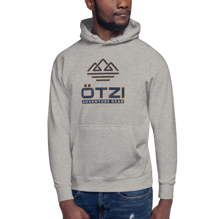 Man wearing a gray Ötzi Adventure Gear hoodie with mountain logo graphic