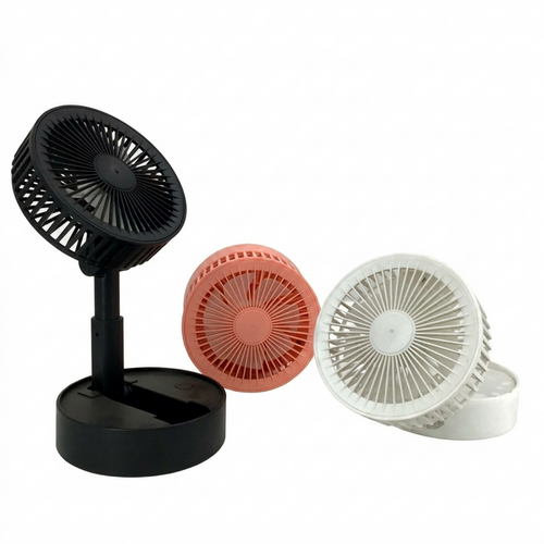 Three portable fans in black, pink, and white on a white background