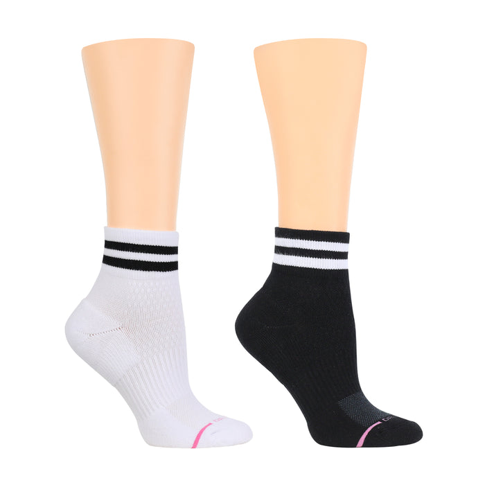 Quarter-length compression socks in black and white with varsity stripe design.