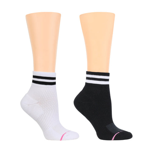Quarter-length compression socks in black and white with varsity stripe design.