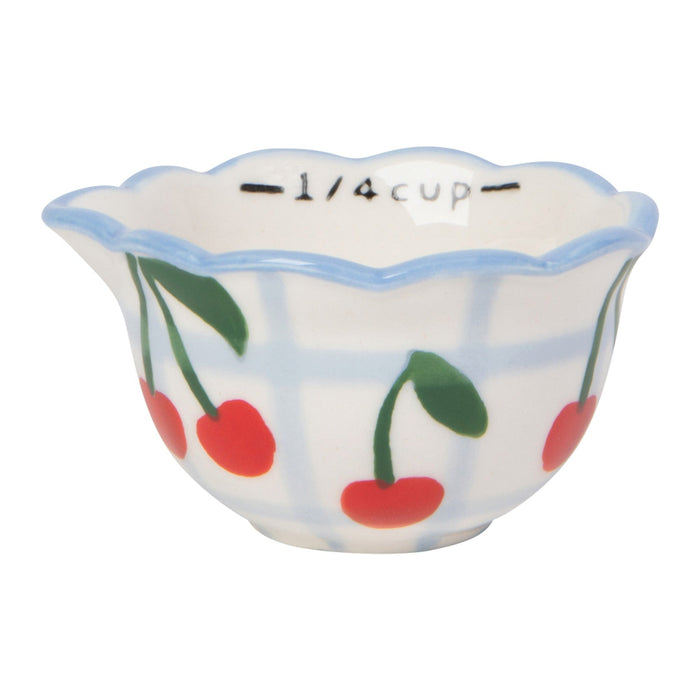 Small ceramic bowl with cherry design and measurement label on a white background