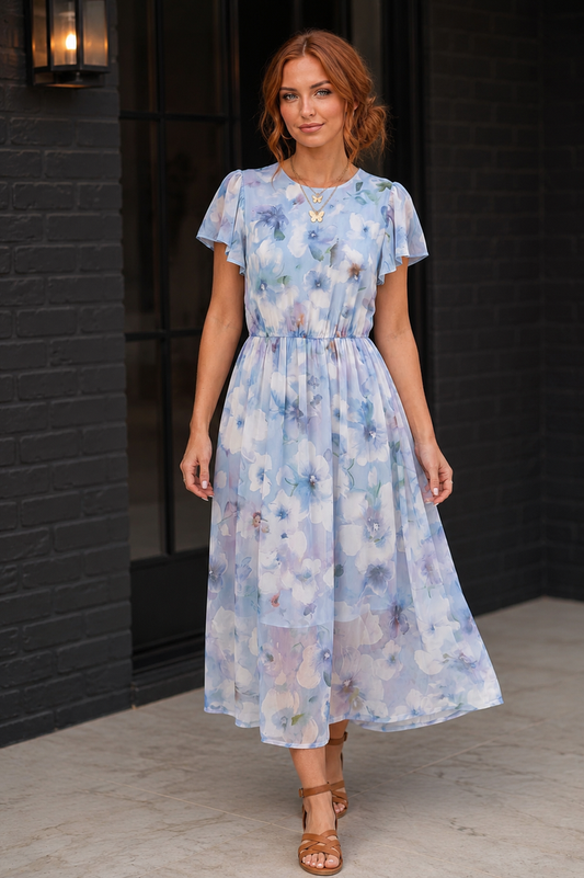 Watercolor Garden Flutter Sleeve Midi Dress