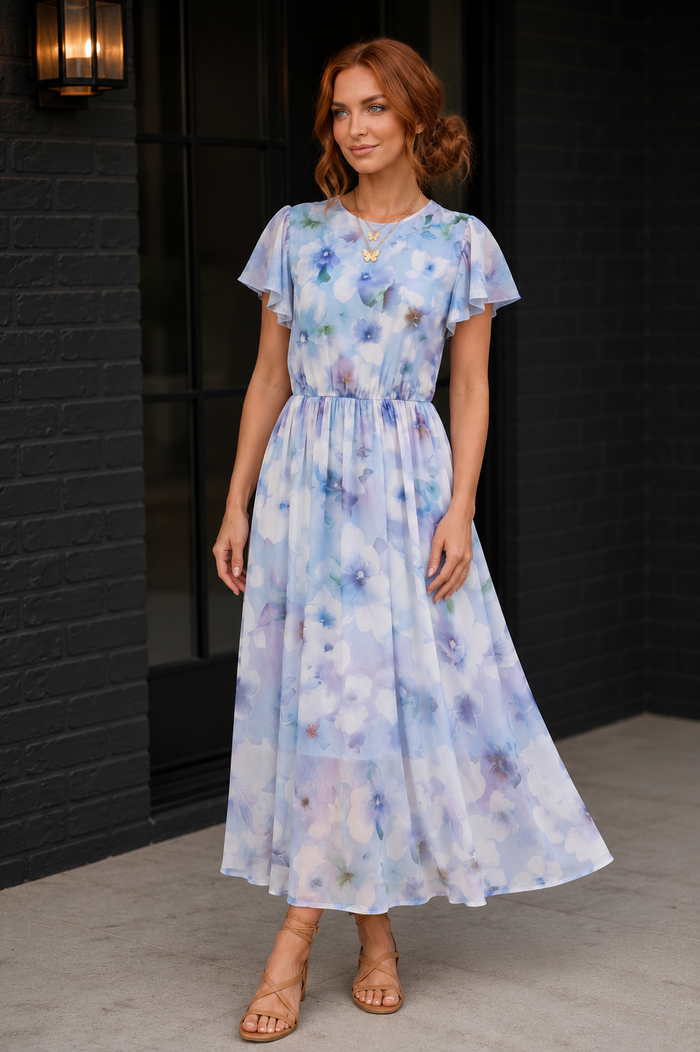 Watercolor Garden Flutter Sleeve Midi Dress