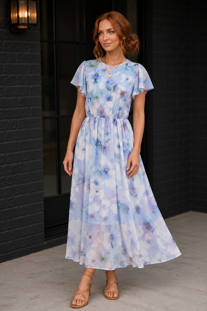 Watercolor Garden Flutter Sleeve Midi Dress