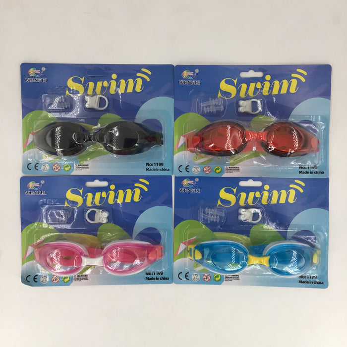 Four packages of swim goggles with different colored lenses on a white background