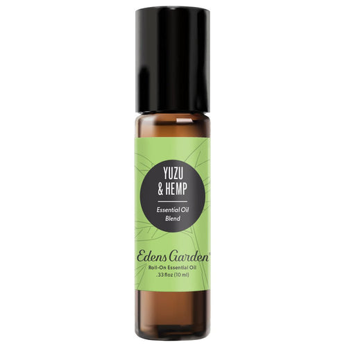 A black roll-on essential oil bottle with a label that reads 'YUZU & HEMP Essential Oil Blend' by Edens Garden.